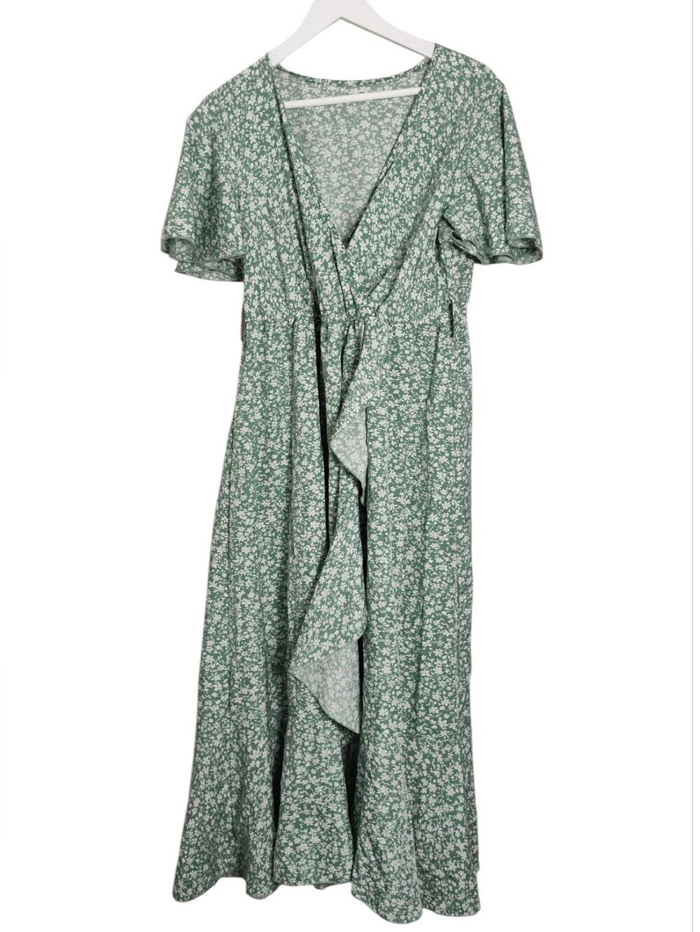 Green SHEIN CURVE Ditsy Floral Butterfly Sleeve Wrap Belted Midi Dress Size 0XL